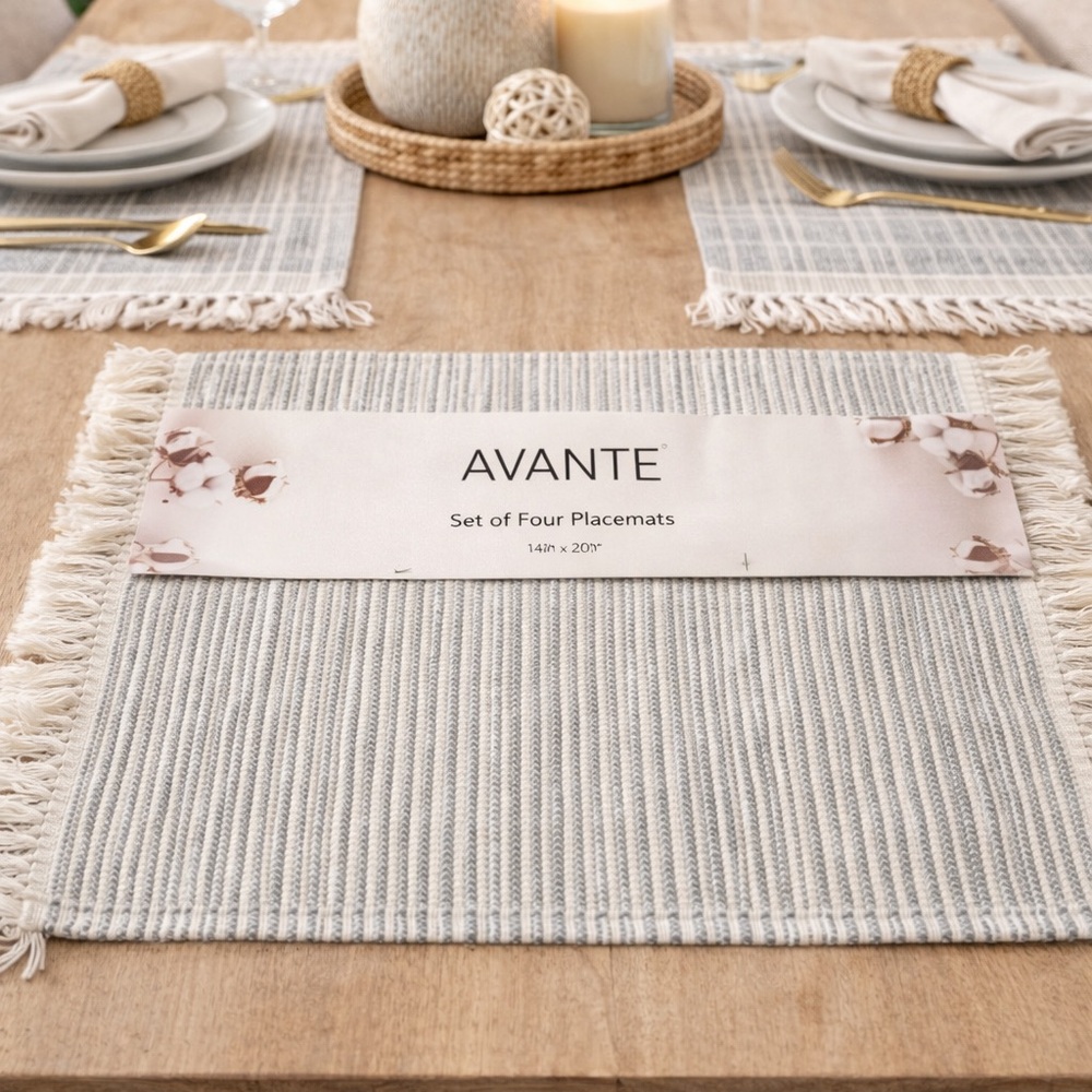 NEW Avante Grey Neutral Fringe Placemats Set of 4 Farmhouse Boho